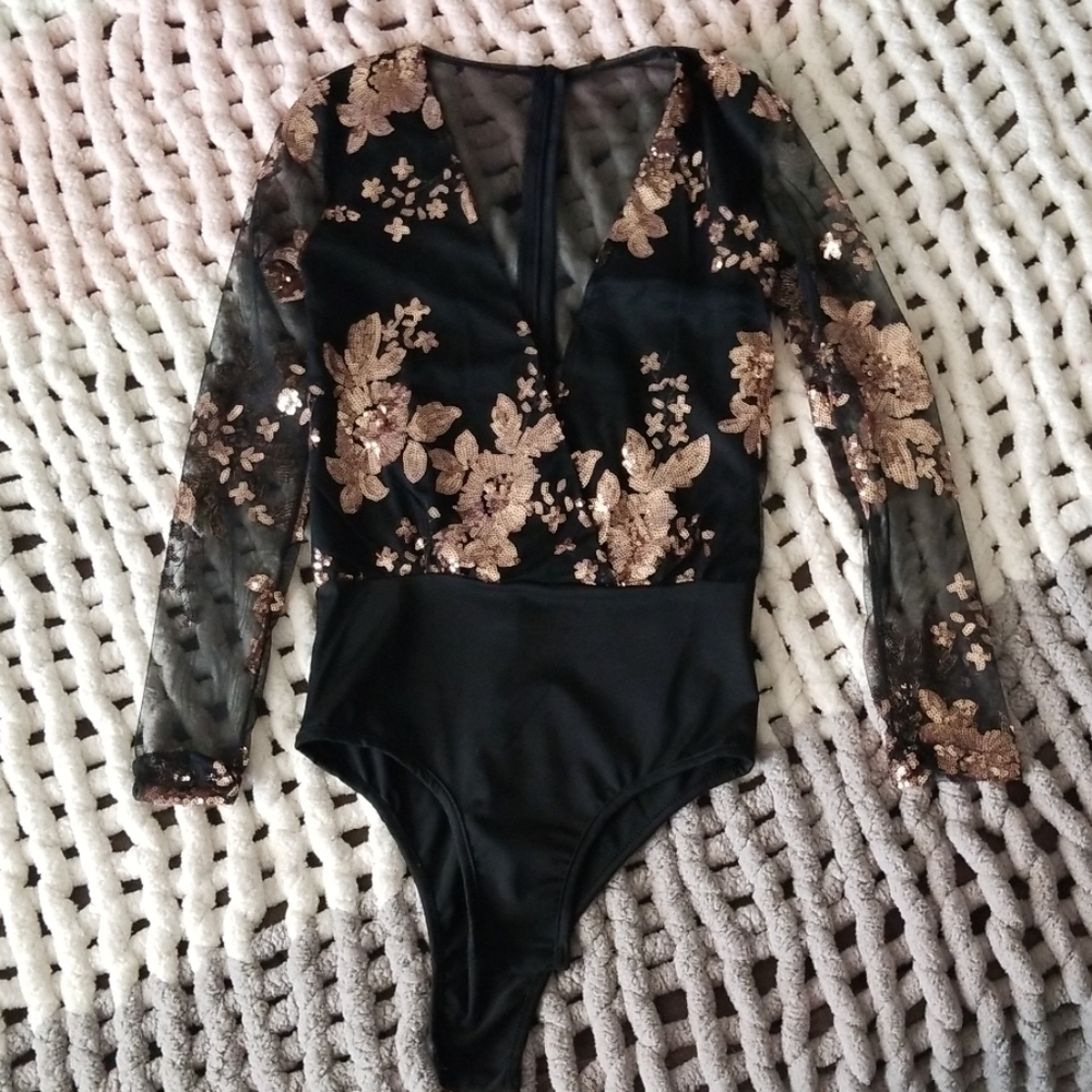 Elegant Black and Rose gold see through leotard